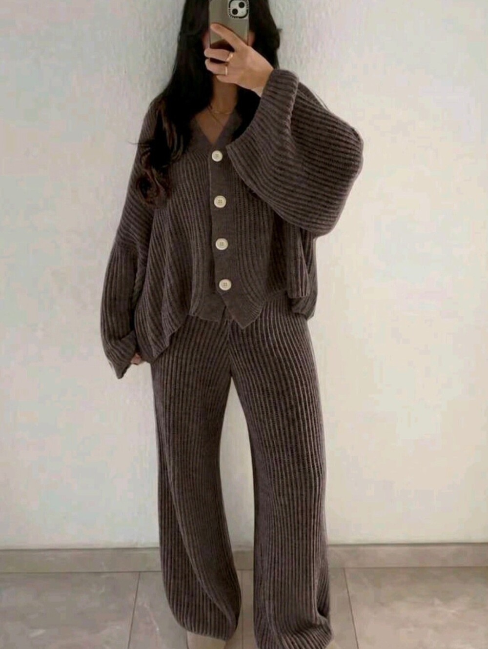 Women's  Solid Color Knitted Sweater Set, Oversized Elegant Cardigan, Best Casua